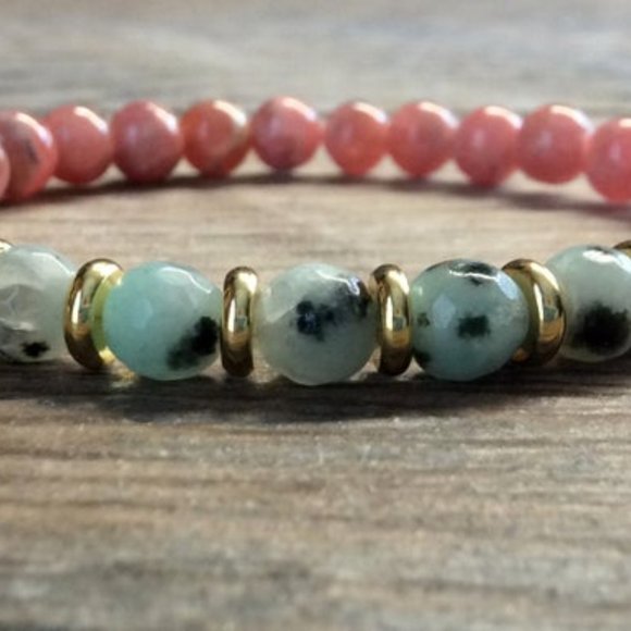 Rhodochrosite bracelet with kiwi stone, healing bracelet, pink bracelet - Picture 3 of 10